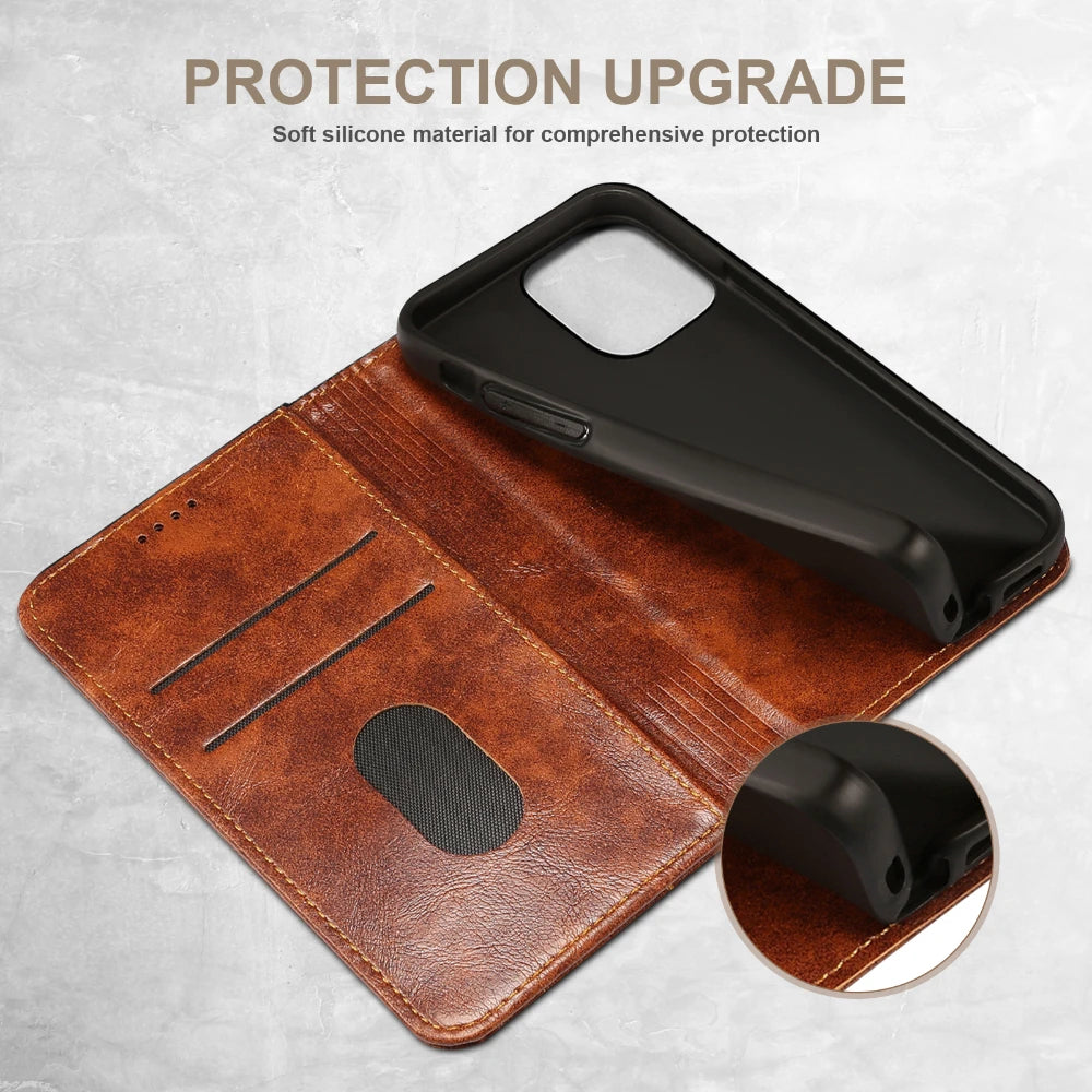 Flip Leather Wallet Phone Case for iPhone 16 15 Pro Max 16E 14 Plus with  Card Slot Holder Cover