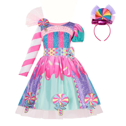 Girls Purim Festival Lollipop Costume Children Puff Sleeve Candy Costume Kids Sweet Lollipop Print Birthday Party Dresses