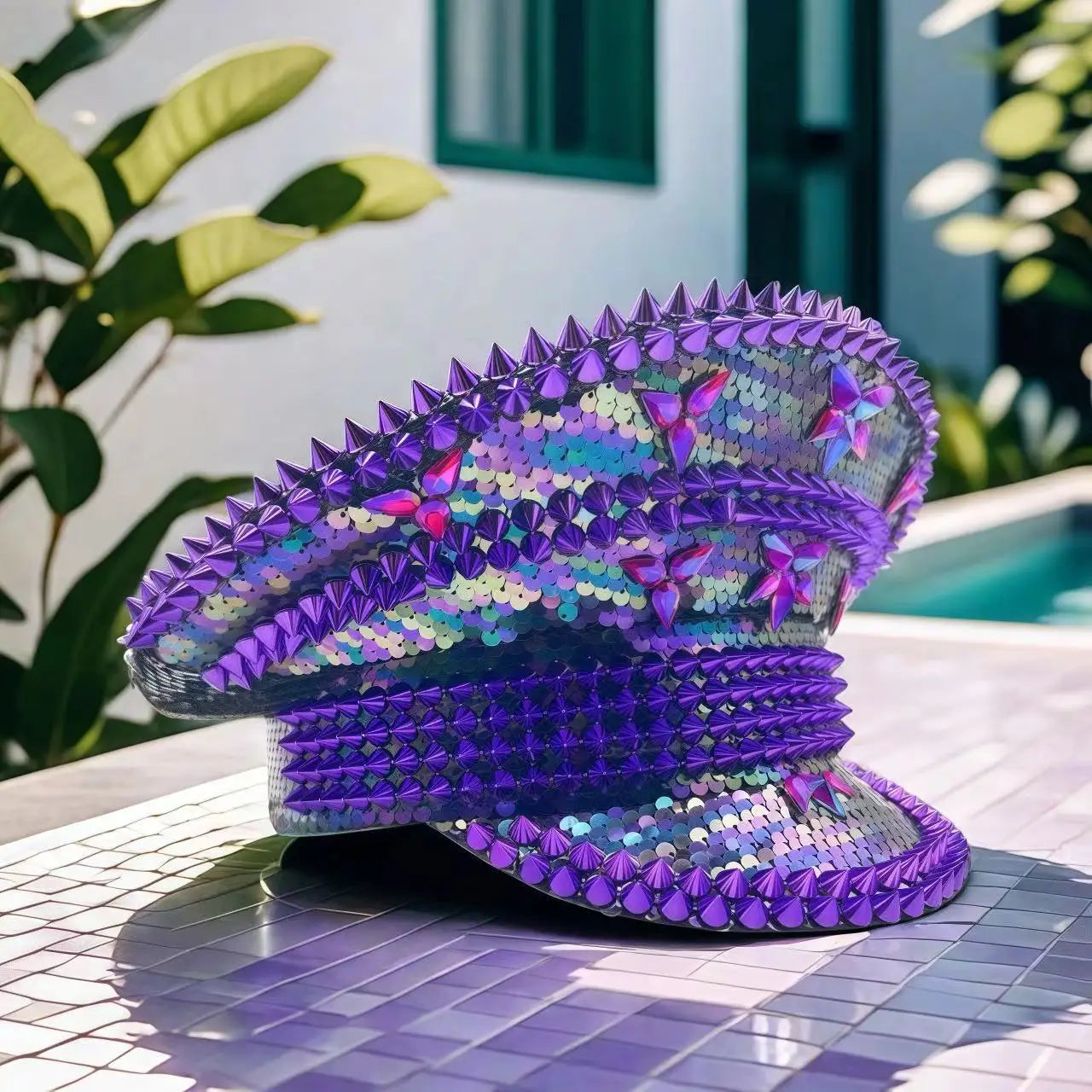 Violet Pool & Beach Steampunk Top Hat, Elegant Captain Hat Rhinestone Burning Man Woman, Party Caps for Man Original