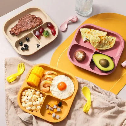 9/7/6 Silicone Baby Dinnerware Set Square Plate Baby Suction Bowl Straw Cup Wooden Spoon Fork Kids Tableware Children Dishes