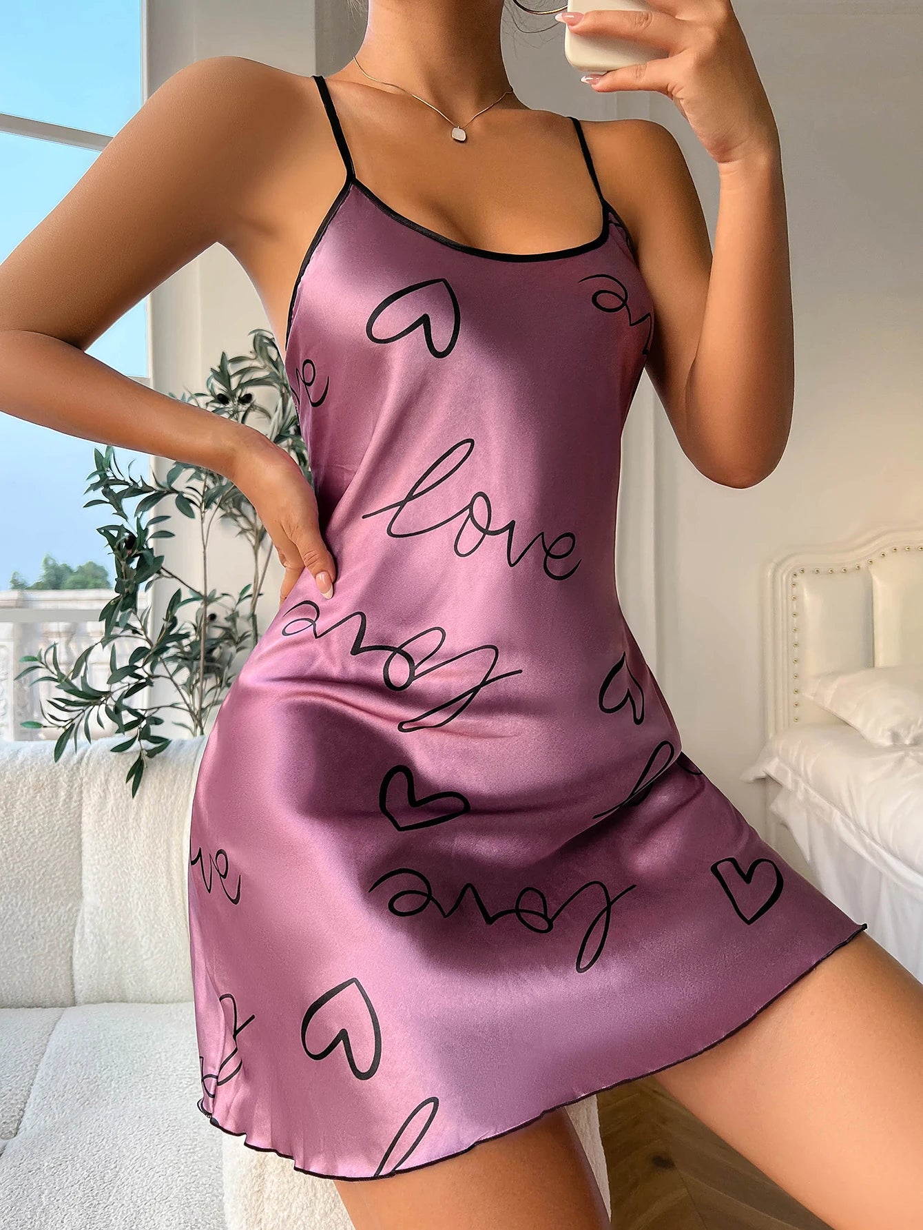 Heart Letter Print Nightdress  Casual Round Neck Spaghetti Strap Sleep Dress  Women's Sleepwear   Dresses