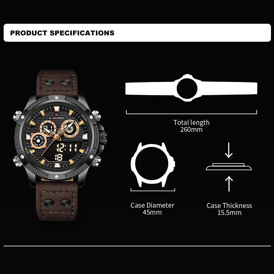 Digital Watch Waterproof Chronograph Sports Leather Strap Wristwatch Dual Display Digital Luminous Clock