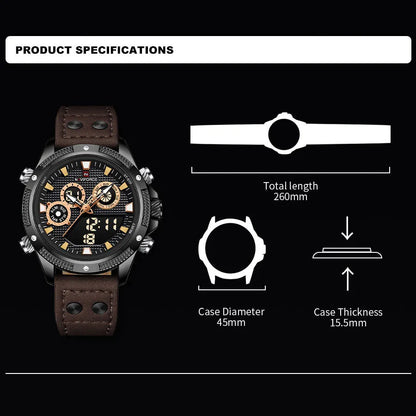 Digital Watch Waterproof Chronograph Sports Leather Strap Wristwatch Dual Display Digital Luminous Clock