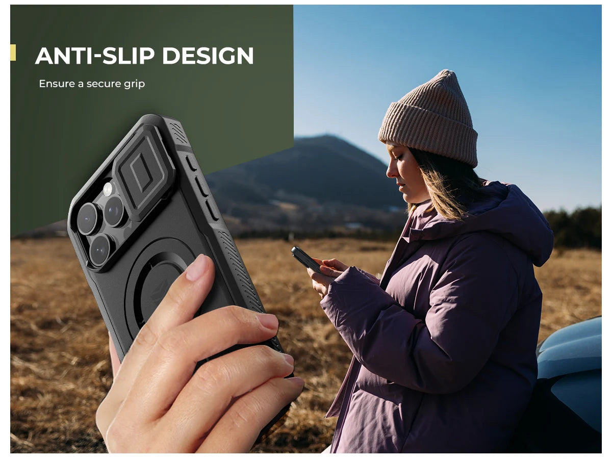 For iPhone 16 Pro Max Rugged Armor Shockproof Case with Built-in Sliding Camera Cover and Built-in Screen Protector Kickstand
