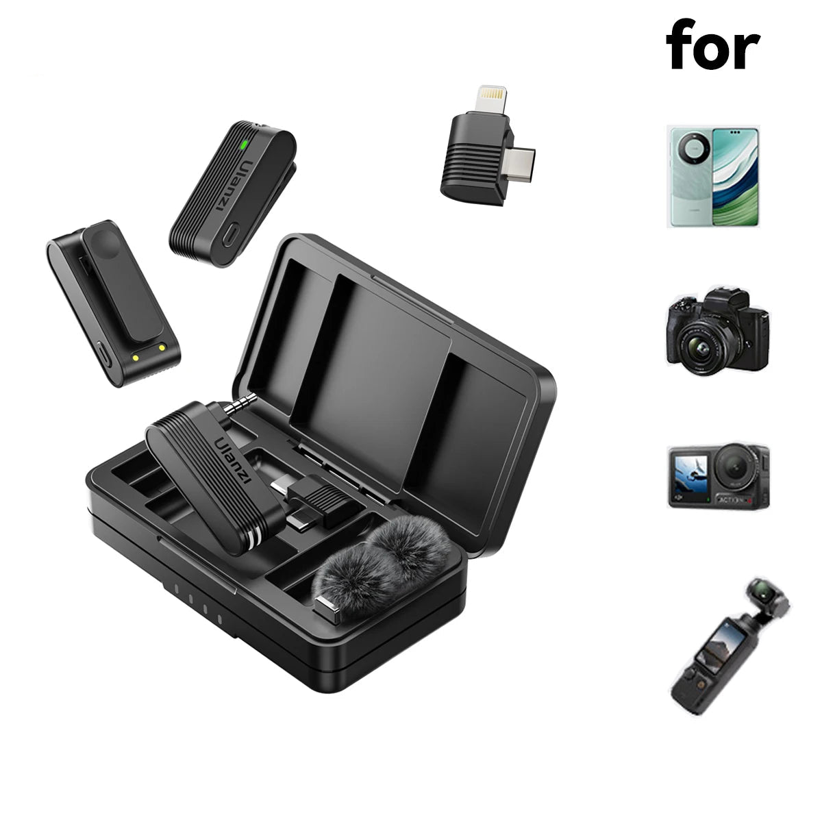 Wireless Lavalier Microphone for iPhone Android Camera Dual Mic with Charging Case
