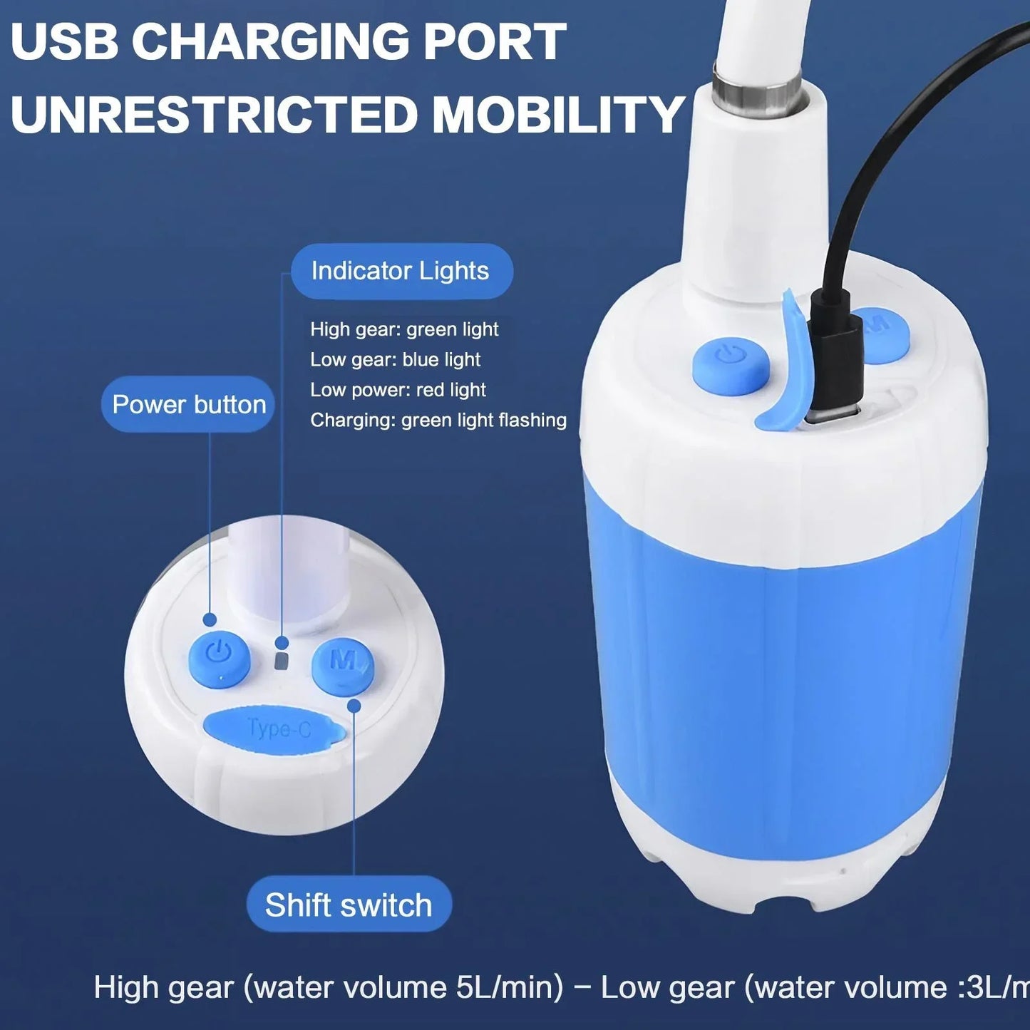 Portable Rechargeable Handheld Outdoor Shower Kit with Dual Spray Modes
