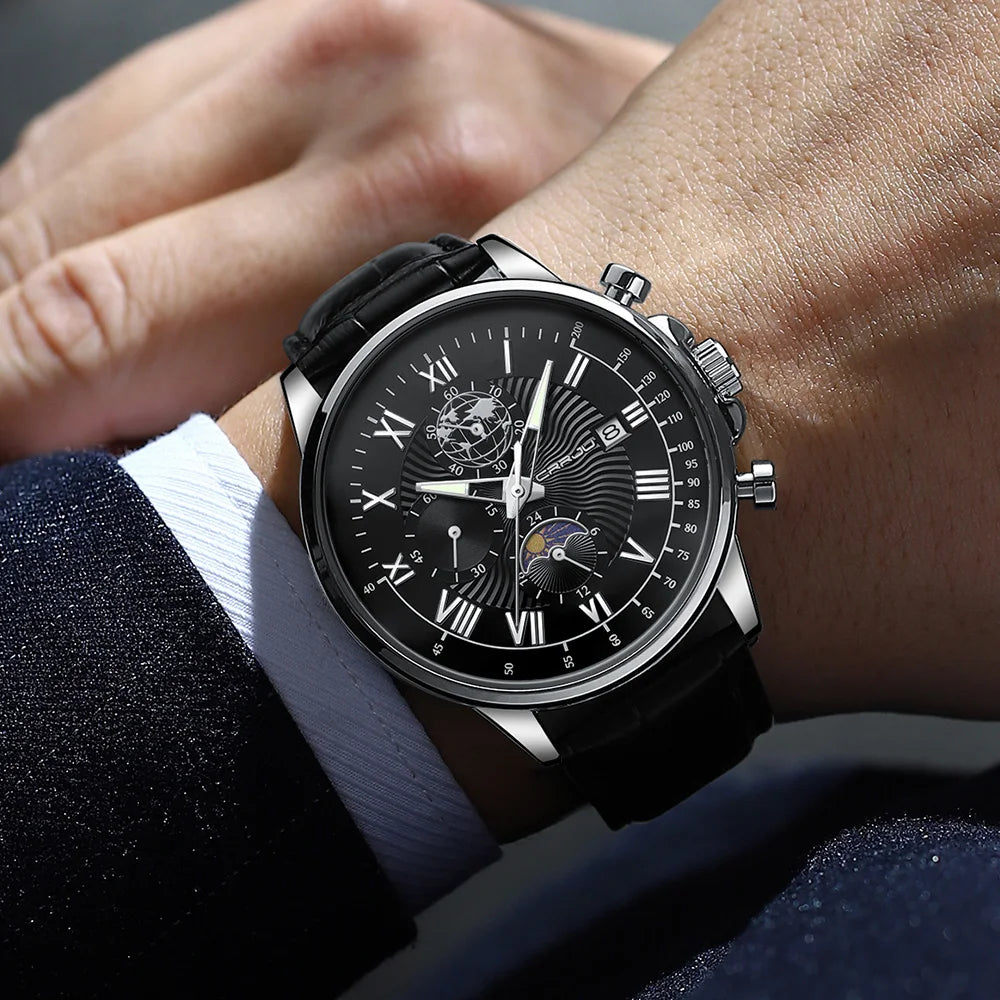Watch Fashion Business Quartz Watch Sun, Moon and Star Multifunctional Luminous Waterproof Father's Day Gift