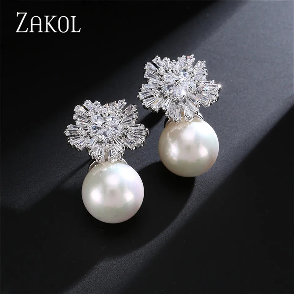 Korea Fashion Round Simulated Pearls Snowflake Drop Earrings