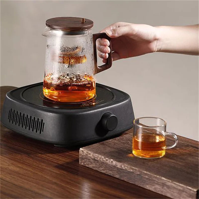 Water Separation Glass Teapot with One Click Tea Infuser and Wood Handle