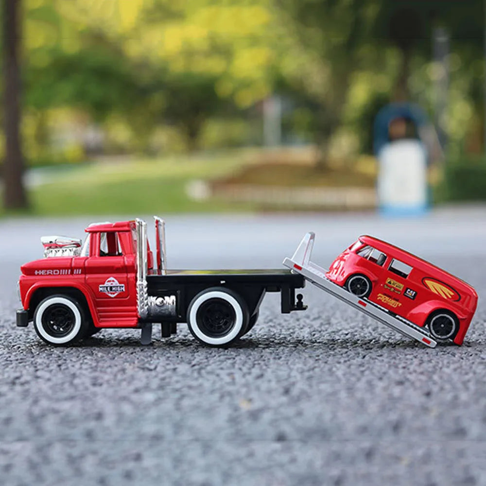 1:60 Scale American Muscle Alloy Trailer Cars Diecast Models Toys with Sound Light Pull Back Vehicle Boys Collection Gifts