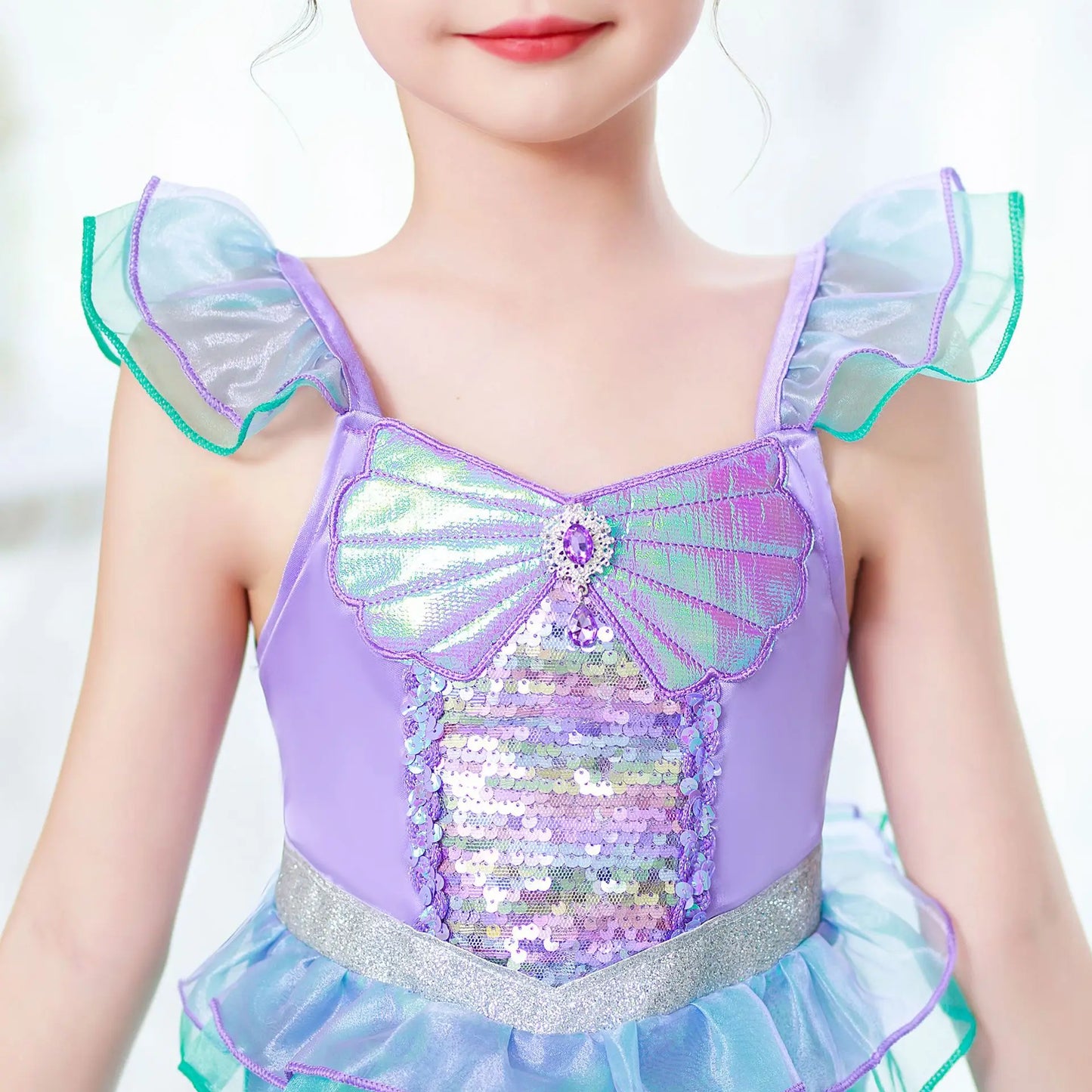 Mermaid Princess Dress for Girls - Summer flutter sleeves Sequin Tulle Dress Sparkling Ocean Themed Party Gown