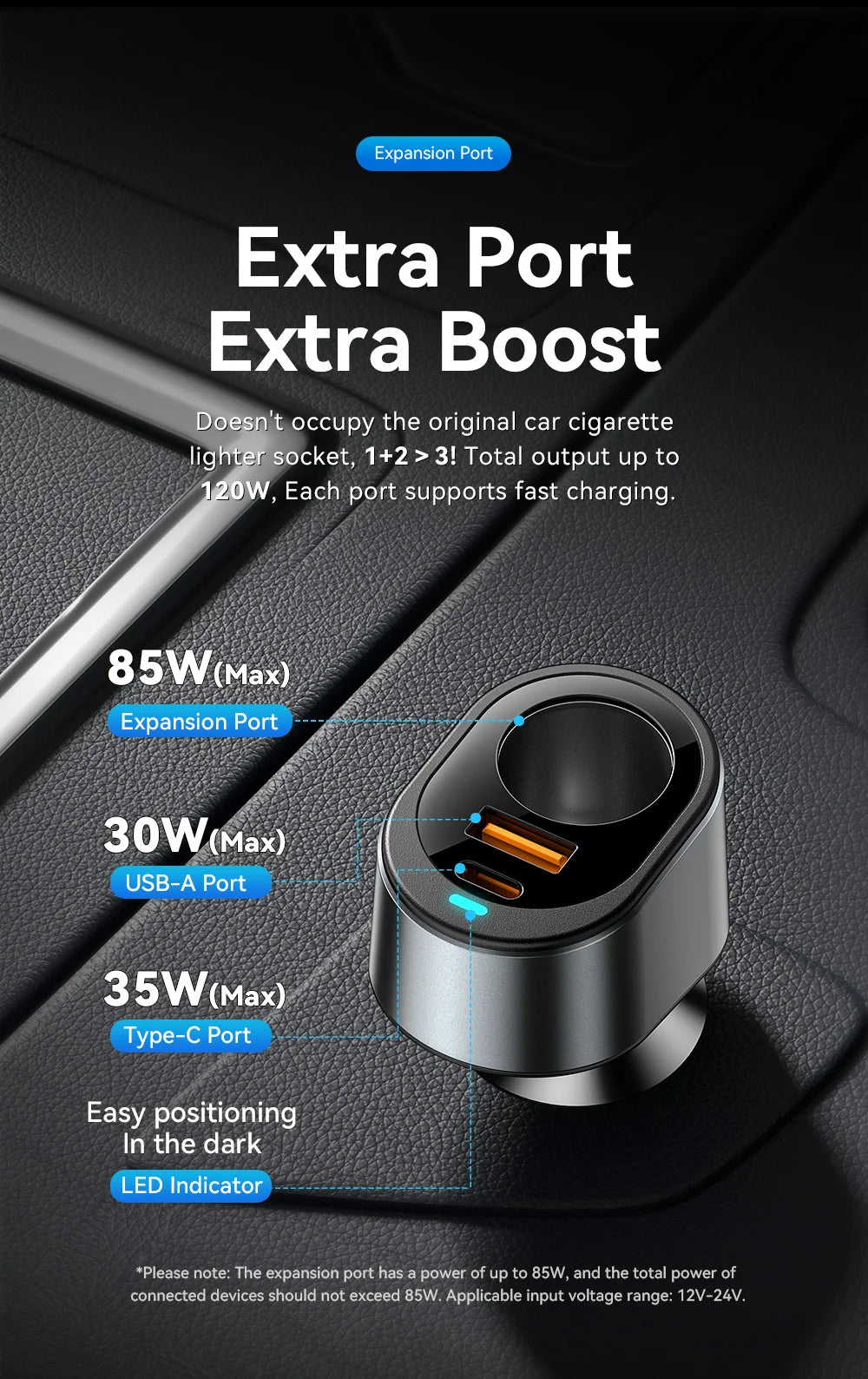 120W USB C Car Charger Adapter with 85W Cigarette Lighter Socket PD Fast Charging 3 Port