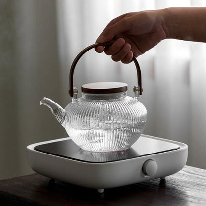 Glass Thick Stripes TeaPot Heat Resistant Wood Handle  Can Be Heated Electric Pottery Stove To Make Open Fame 750ML