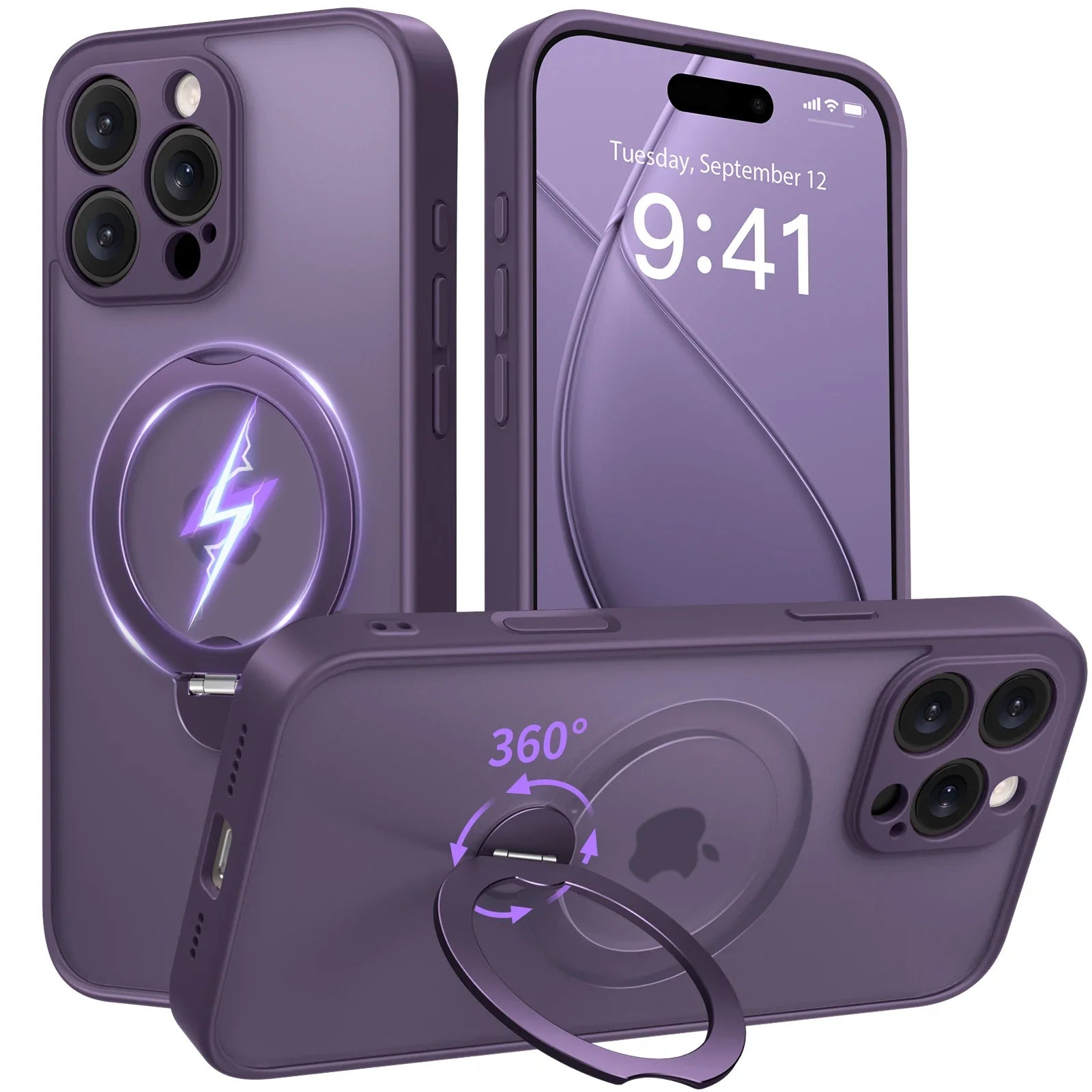 Luxury Magsafe Matte Phone Case For iPhone 16 Pro Max with  Rotatable Ring Stand Camera Lens Protection Shockproof Case