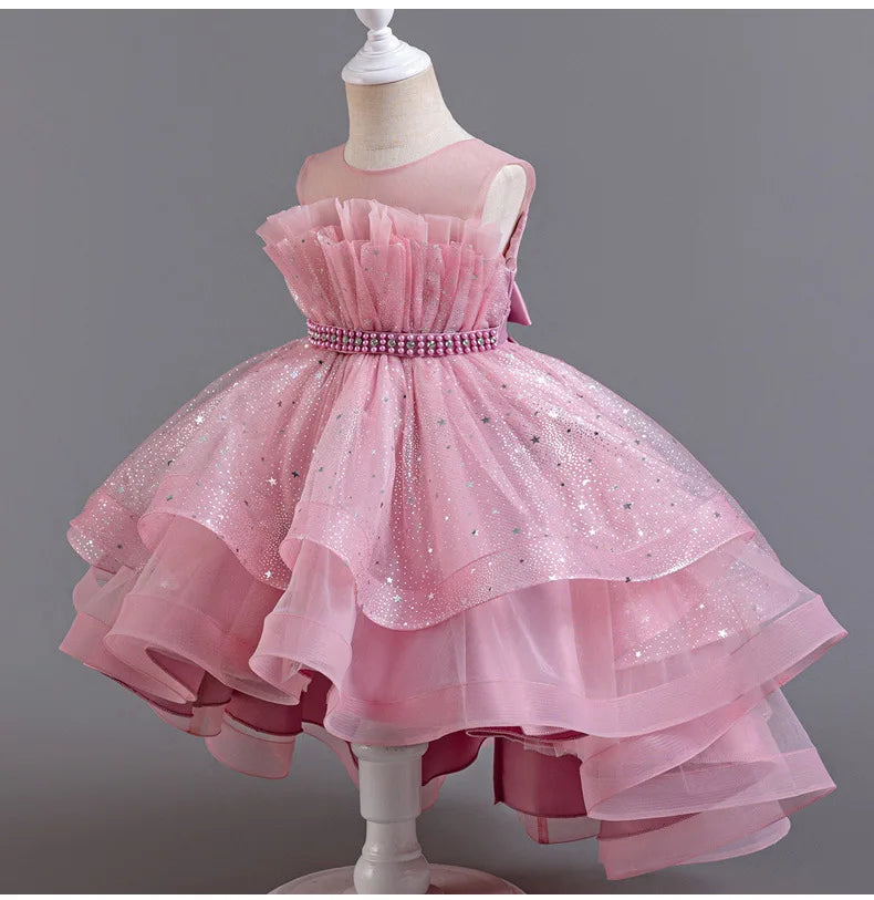 Elegant Girls' Performance Gown - Sleeveless Tulle Dress with Train for Piano Recital & Walk Show