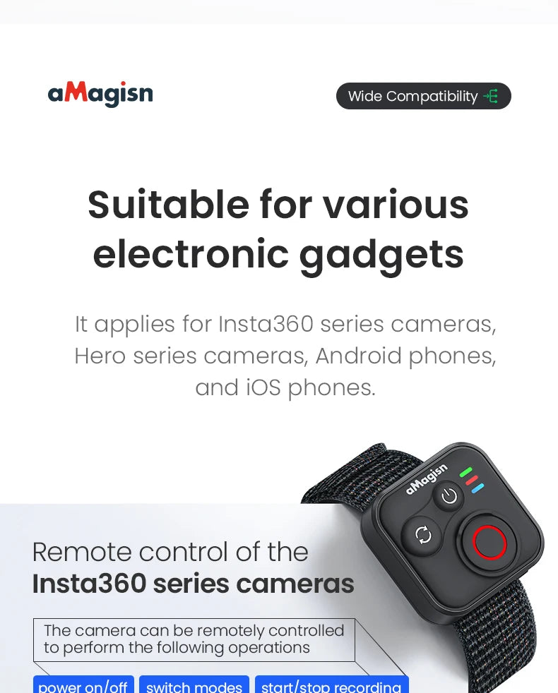 Wireless Bluetooth Remote Control with Wrist Strap for Action Cameras and Smartphones