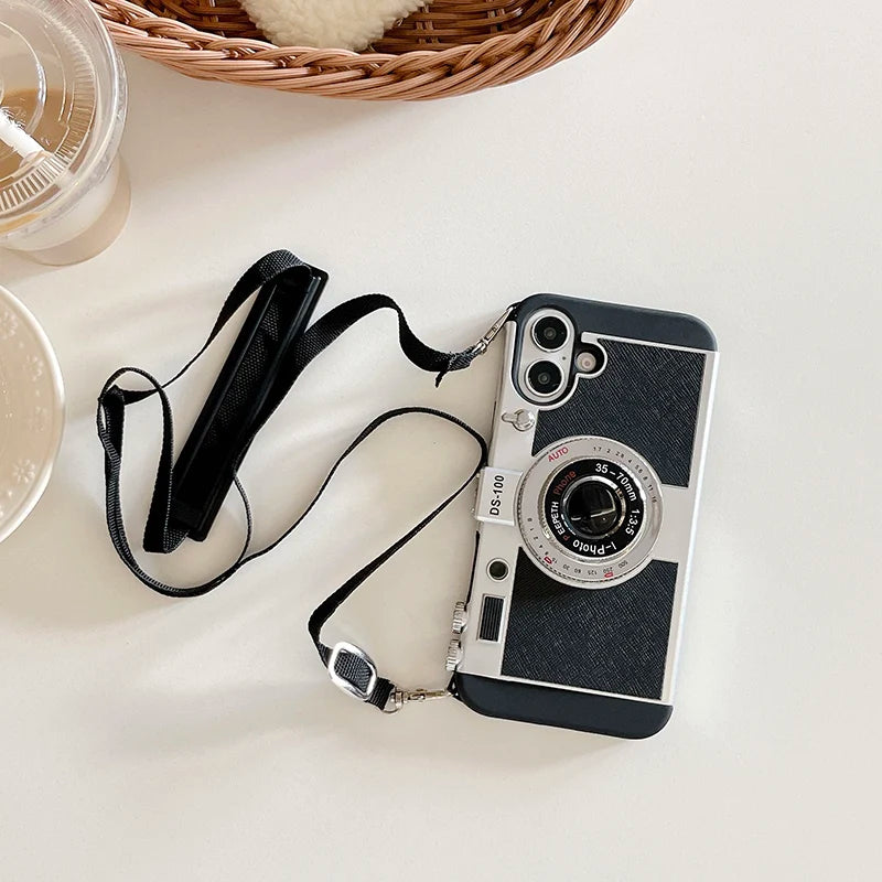 Soft TPU+Hard PC Camera Shaped Lanyard Shockproof Phone Case For iPhone 16 Pro Max 14 15 Pro Max Bumper Back Cover