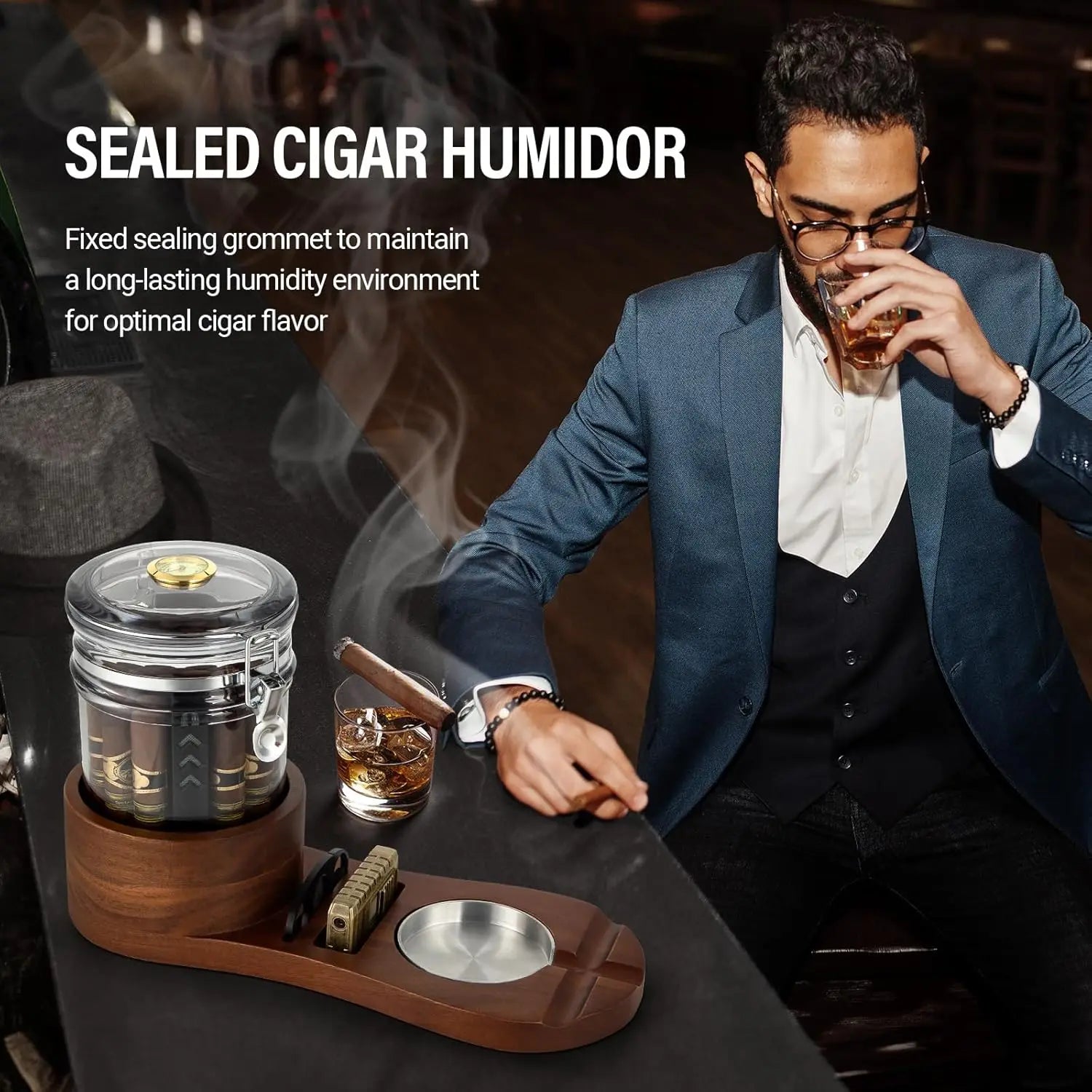 Cigar Humidor, Solid Wood Cigar Ashtray & Acrylic Cigar Jar Kit with Cigar Cutter, Humidifier and Dropper, Holds 18-20 Cigars