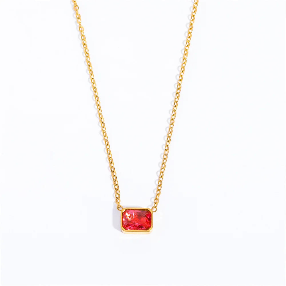 Simple Multicolour Zircon Crystal Rectangle Shape Pendant Necklace for Women Girls Stainless Steel Clavicle Chain Necklaces