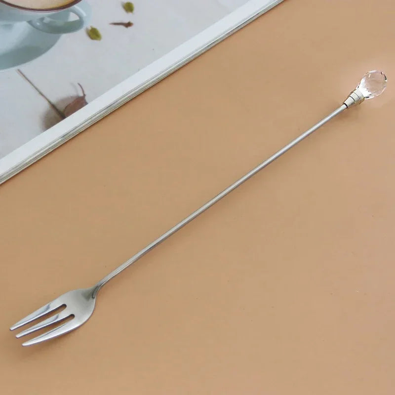 Stainless Steel Diamond Coffee Spoon and Fork Set Creative Crystal Long Handle, Perfect for Desserts, Ice Cream, Cake, and Fruit