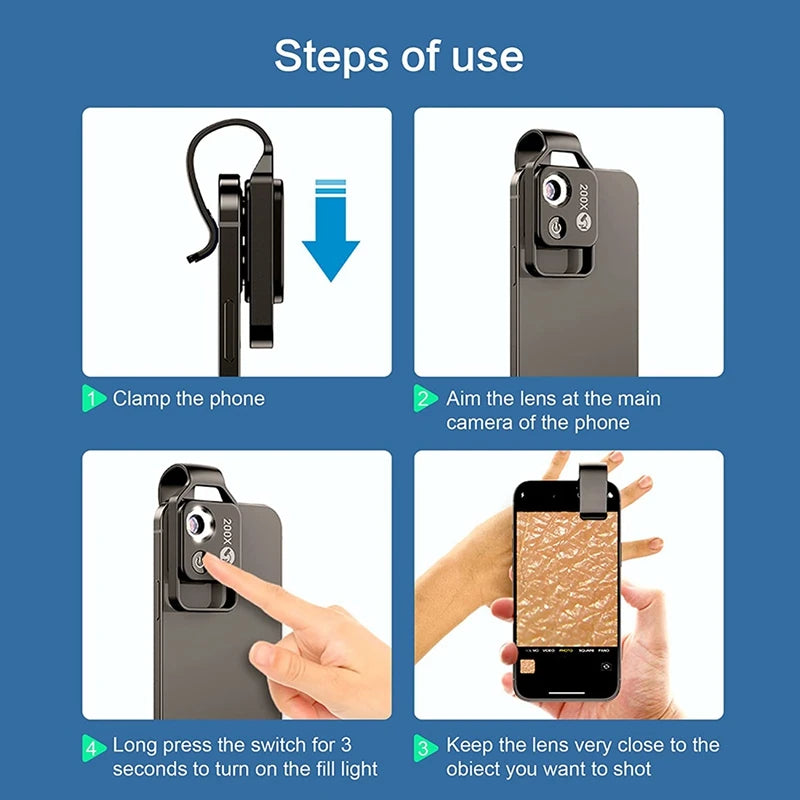 200X Smartphone Microscope Lens with LED Light Universal Clip