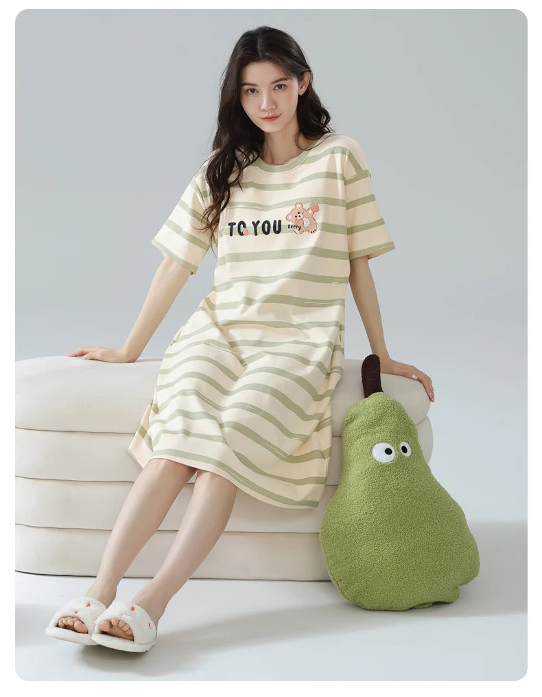 Women’s Cotton Nightgown – Korean Style Cute Print, Summer Short Sleeve Sleepwear Dress