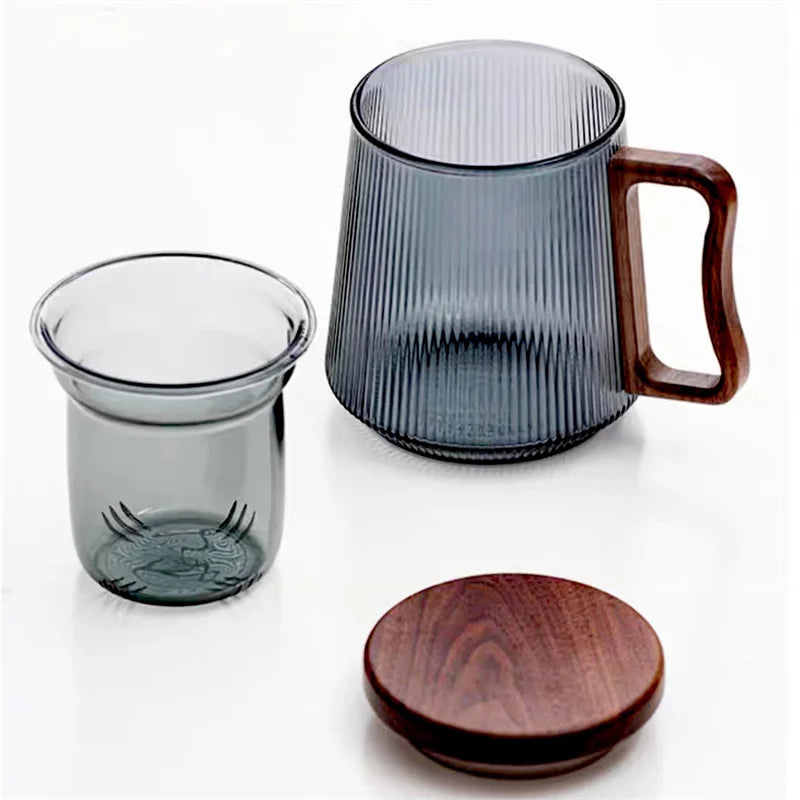 500ML Stripe Heat Resistant Glass Tea Water Separation Tea Cup With Wood Handle Filter Brewing Puer Cups Kung Fu Tea Mug Set