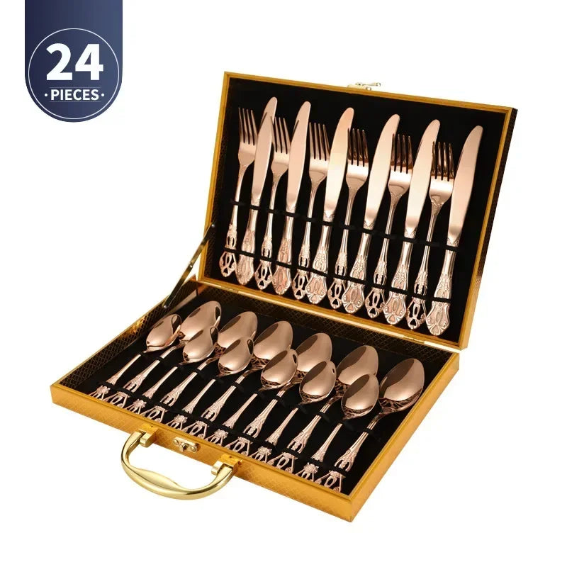 4pcs Gold Stainless Steel Cutlery Set Royal European Spoon Fork and Steak Knife Retro Hollow Design Dinnerware Luxury Tableware