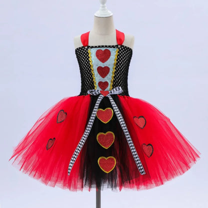 Girls Wonderland Fairy Tale Fancy Dress Sparkly Kids Evil Red Queen Children Dress Halloween Cosplay Costumes Villain Clothes