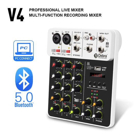 V4 4 Channel Audio Interface Mixer With Bluetooth USB Recording And 48V Phantom Power