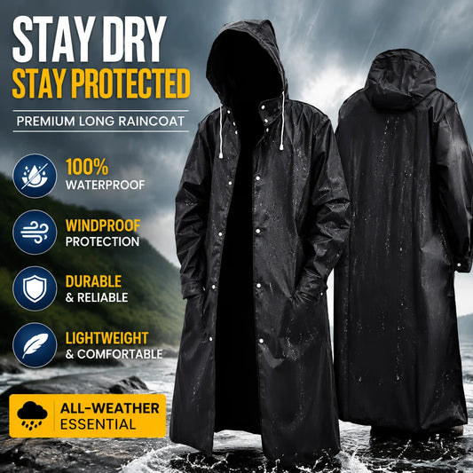 Long Waterproof Hooded Raincoat for Hiking Travel and Fishing