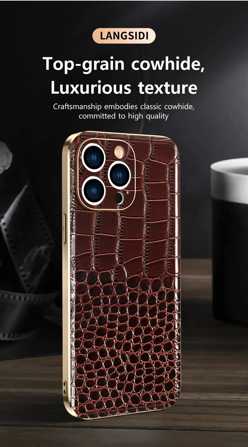 Genuine Leather Phone Case for iPhone 16 15 Pro Max 14promax Luxury Soft Edges Shockproof Camera Protection Cover