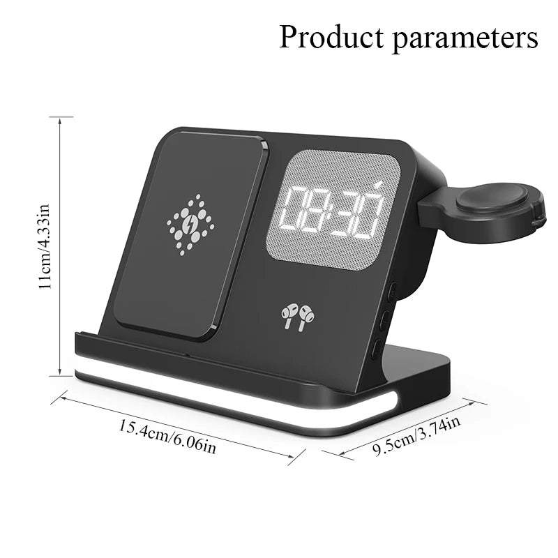 Mobile wireless charger, headphones, and watches can both be charged with clock function