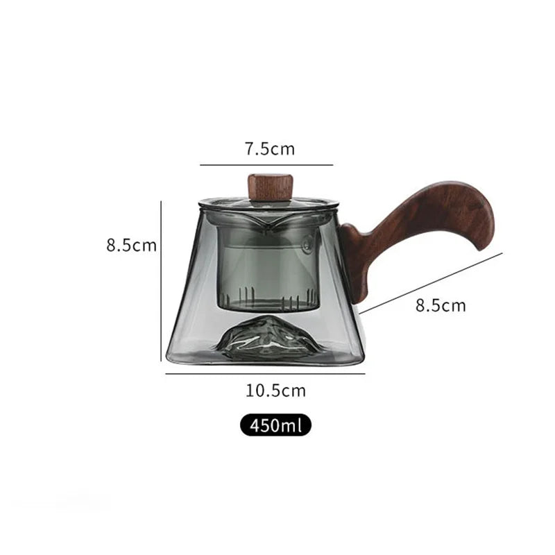 450ml Square Bottom Mountain Glass Teapot With Infuser Side Wooden Handle Tea Pot Puer Oolong Tea Maker Kungfu Tea Set