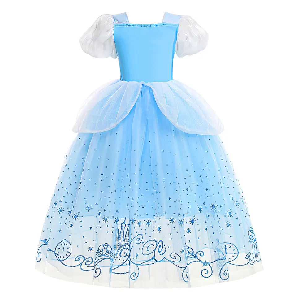 Halloween Children Bubble Sleeve Dress Blue Girls Tutu Costume Birthday Party Gown for Purim Gift