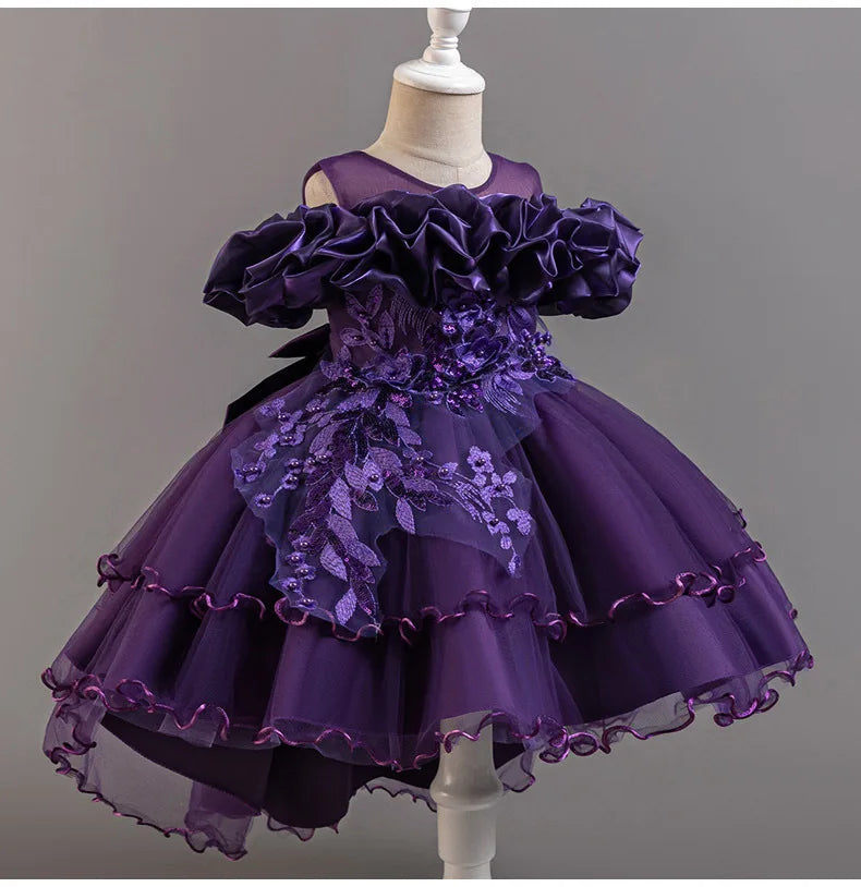 Luxury Off-Shoulder Gown with Train for Girls  Tulle Dress for Fashion Walk Show & Pageants