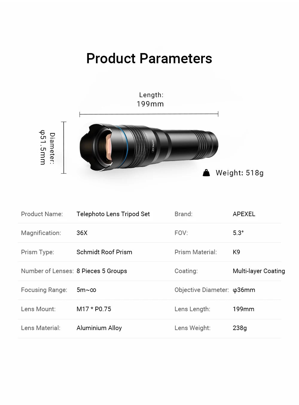 36X Smartphone Telephoto Monocular Lens with Universal Clip