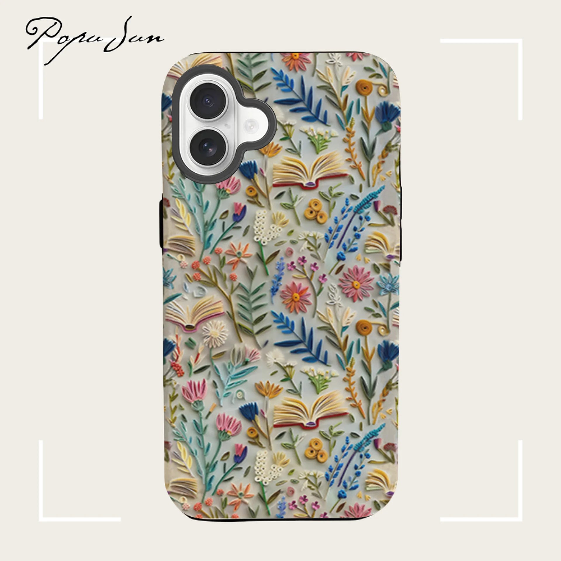 Romantic Wildflower Boho Embroidery Phone Case for iPhone 16 15 Pro Max Plus – 2 in 1 Hard Protection