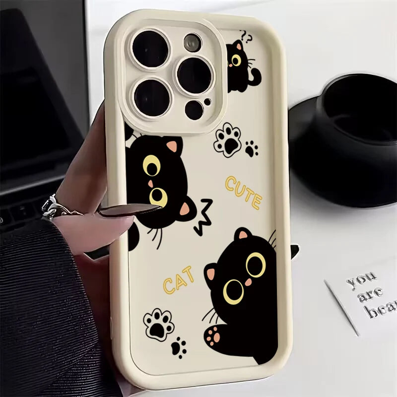 Lovely Black Cat Silicone Case For iPhone 17 16 15 14 Pro Max 16E 16 Plus 17Air Shockproof Back Covers