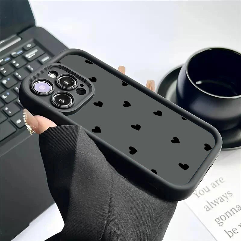 Black Love Heart Soft Matte Phone Case For iPhone 17 Air 14 Pro 16E Plus Cover For iPhone 15 16 17 Pro Max Cases