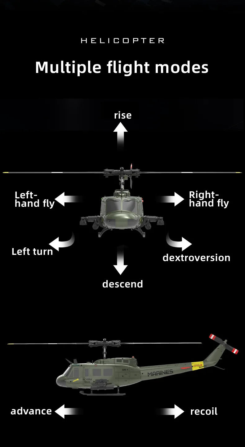 Uh-1 Huey Simulation 3d Six Way Aileron Free Reverse Flying Stunt Helicopter Electric Remote-Controlled Aircraft Model Toy