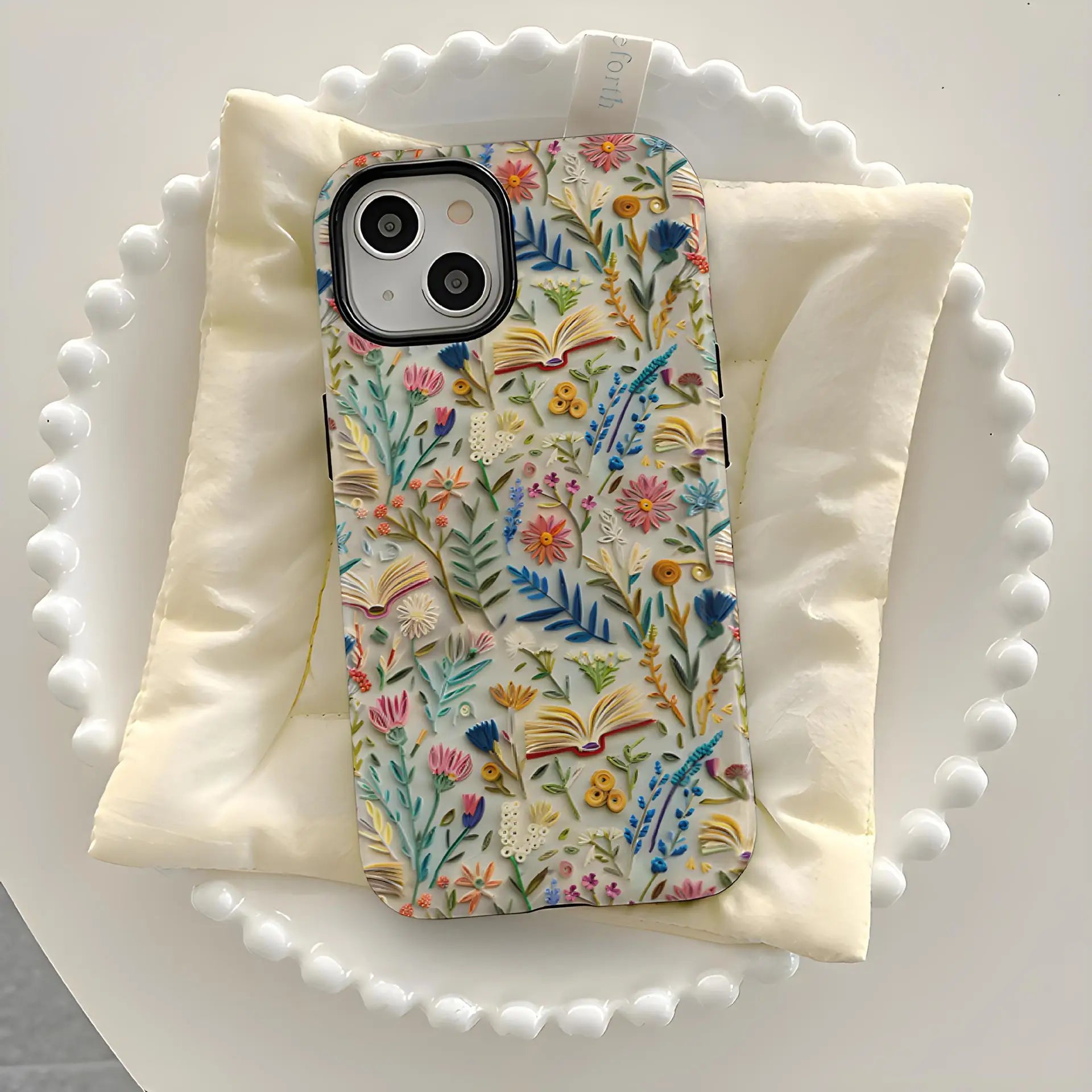 Romantic Wildflower Boho Embroidery Phone Case for iPhone 16 15 Pro Max Plus – 2 in 1 Hard Protection