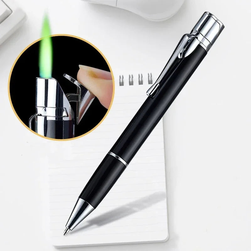 Creative Ball Pen Ligher Green Flame Torch Lighter Unusual Pen Portable Metal Butane Gas Cigarette Lighter Practical Gadget Gift