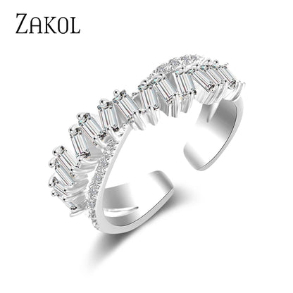 Fashion Baguette Zircon X Shape Open Rings Cross Adjustable Ring