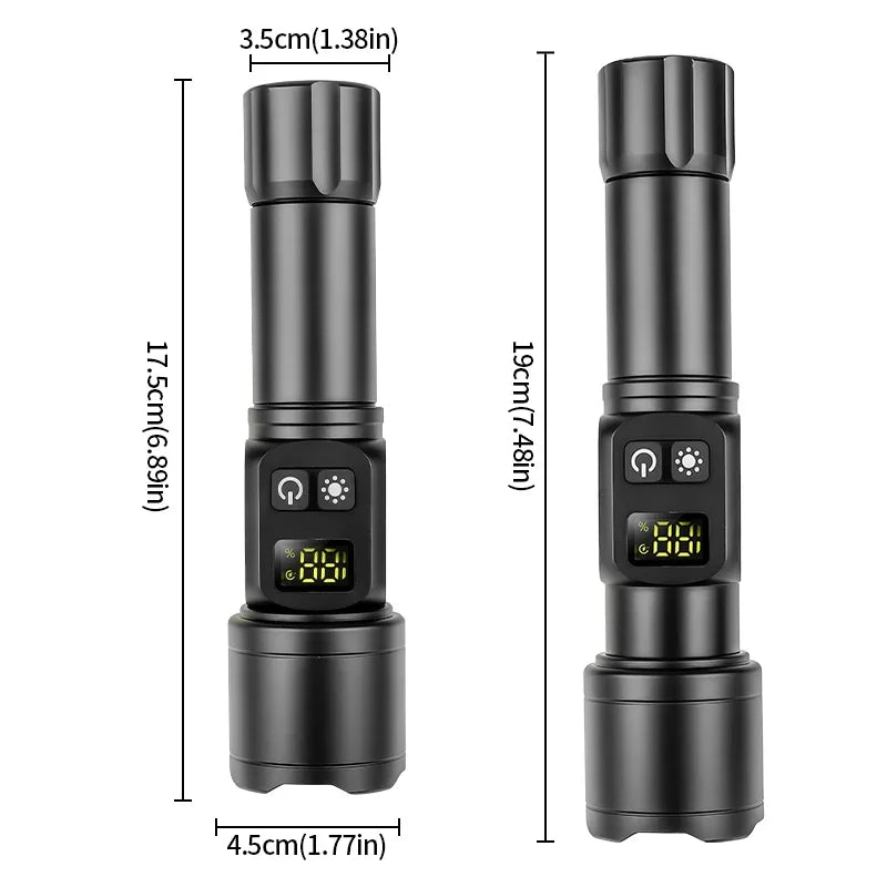 White Laser High Power Rechargeable LED Flashlight with Digital Display Magnet COB Side Light Zoom Torch