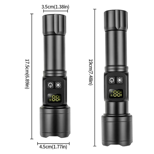 White Laser High Power Rechargeable LED Flashlight with Digital Display Magnet COB Side Light Zoom Torch