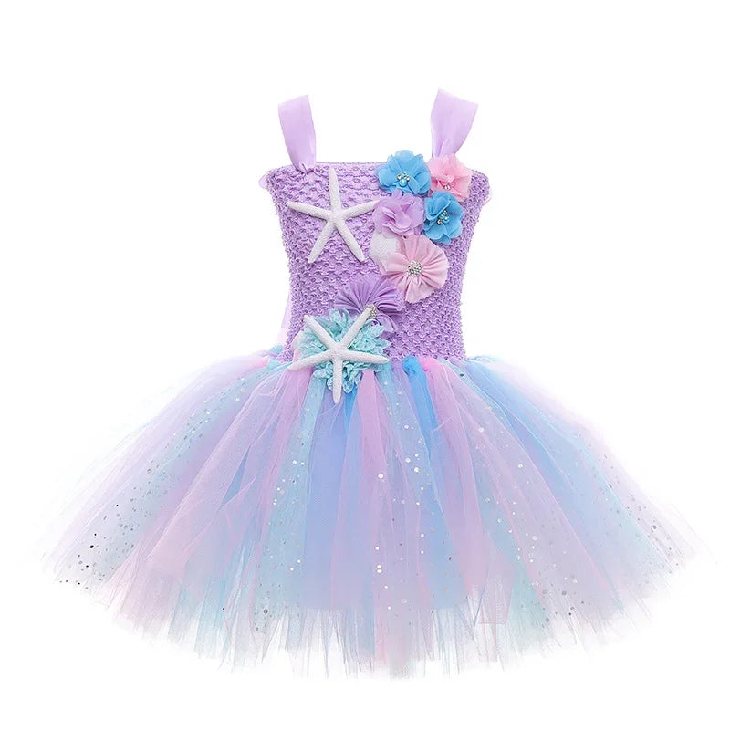 Pastel Mermaid Princess Tutu Dress with Flower Headband Party Costume