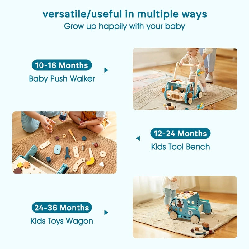 Baby Wooden Toy Newborn Learning To Walk Toy Educational Sensory Play Multi-functional Wooden Cartoon Car Toy Baby Gift With Box