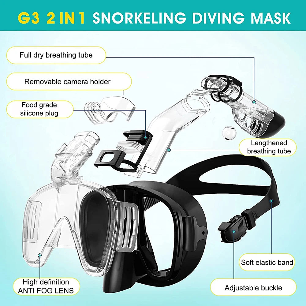 Snorkel and Diving Mask Foldable Anti-Fog Diving Mask Set with Full Dry Top System Diving Goggles Diving Camera Support