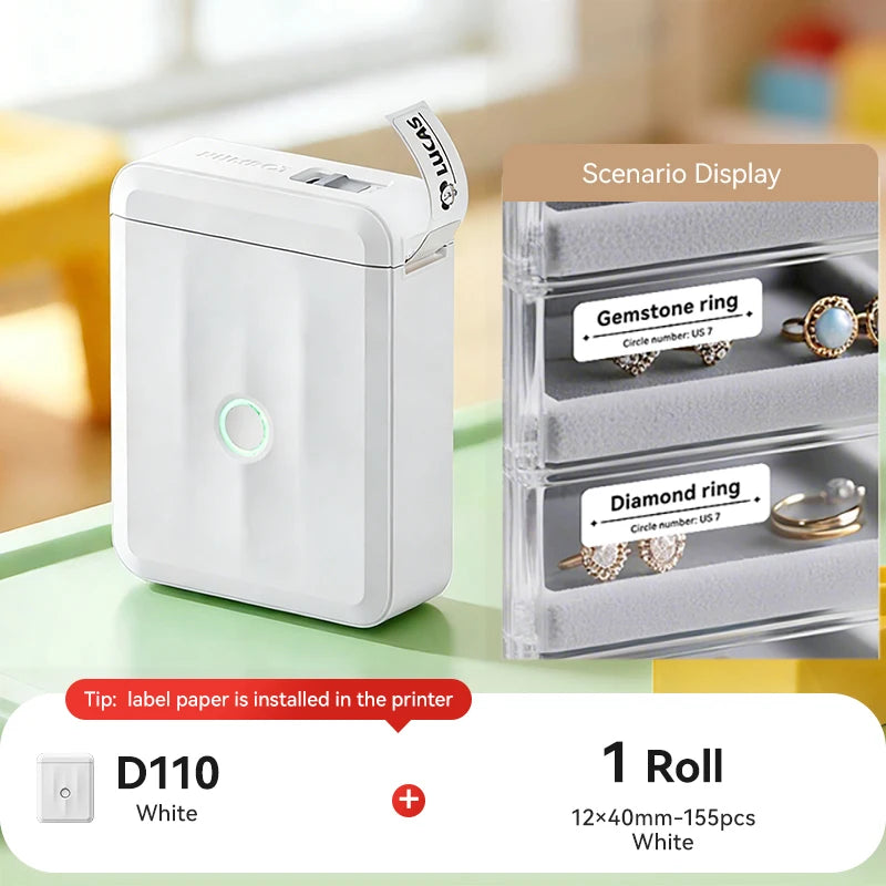 D110 Mini Portable Thermal Label Printer, Bluetooth Smart Label Maker with Adhesive Tape, Inkless 203 DPI for Home, Office & School